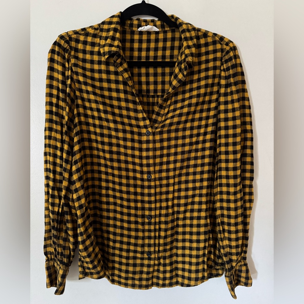 Black Yellow Plaid Grunge Checkered Button-Down Shirt